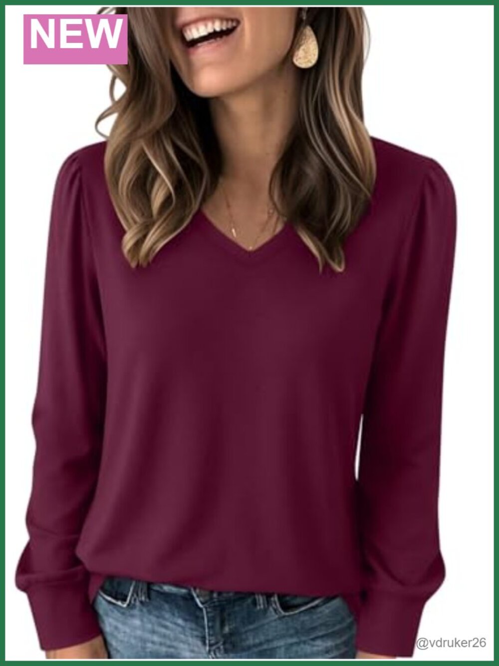 Women's Puff Long Sleeve V Neck Top Casual Fall Blouse